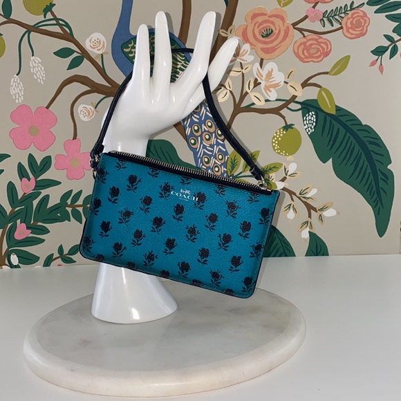 Coach Turquoise Zipper Wallet with Black Rose Pattern. - Picture 10 of 16
